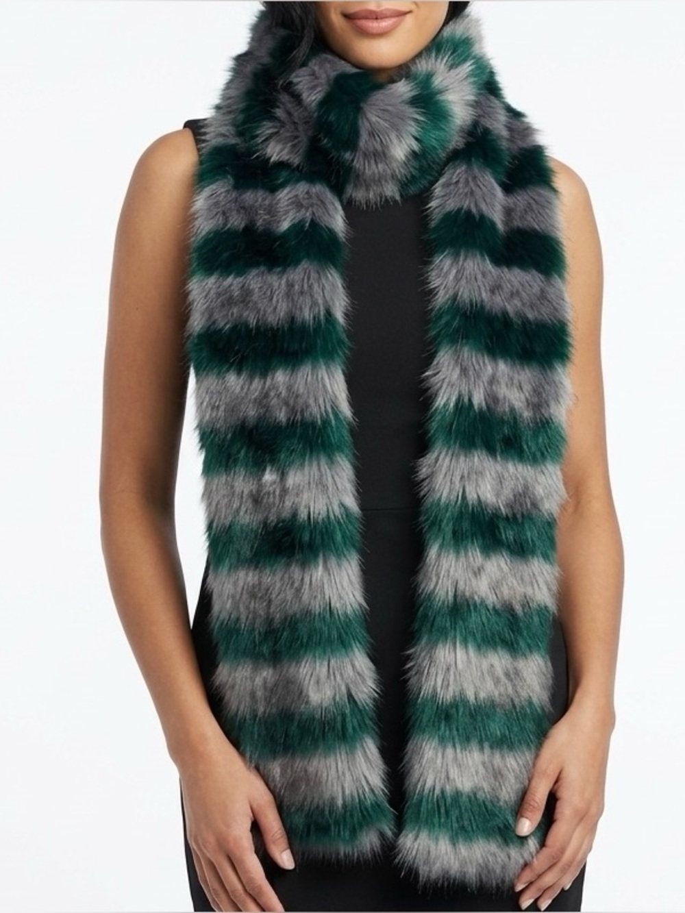 Handmade Green And Gray Stripe Long Plush Fluffy Vibrant Scarves Faux Fur Scarf